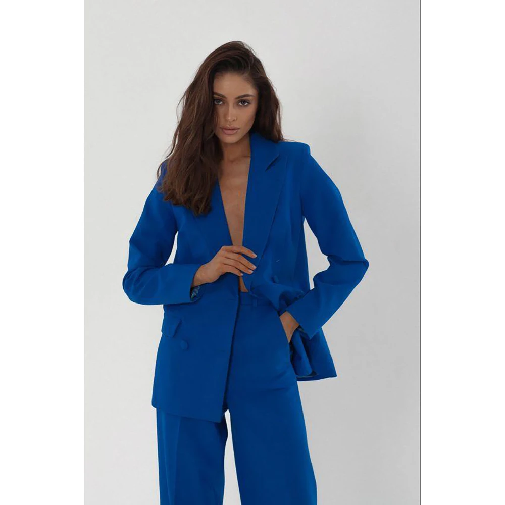 

Slim Royal Blue Double Breasted Women Pants Set New Female Two Pieces(Blazer+Trousers) conjuntos femininos elegantes