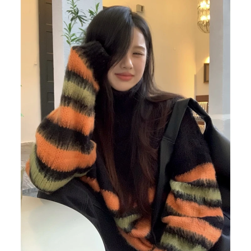 

Women Black Sweater Stripe Korean Fashion Vintage Leisure Lazy Wind Loose Winter New Female Thicken Warm Knitting Pullover