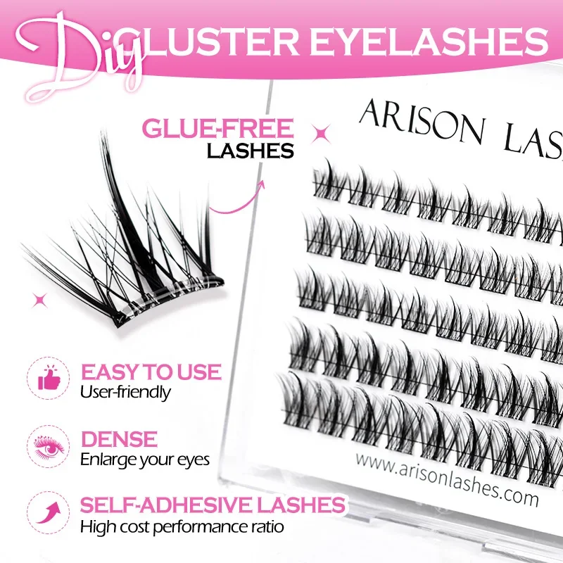 ARISON 50 Cluster C/D Self Adhesive Eyelashes DIY Cluster Lashes No Glue Individual Lash Pre Glued Soft Quick Eyelash Extension