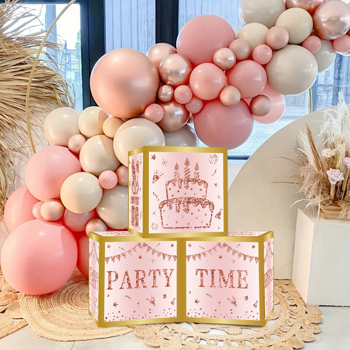 Pink Gold Birthday Paper Box Happy Birthday Party Decoration Adults 18th 30th 50th 60th Birthday Party Supplies Background Box