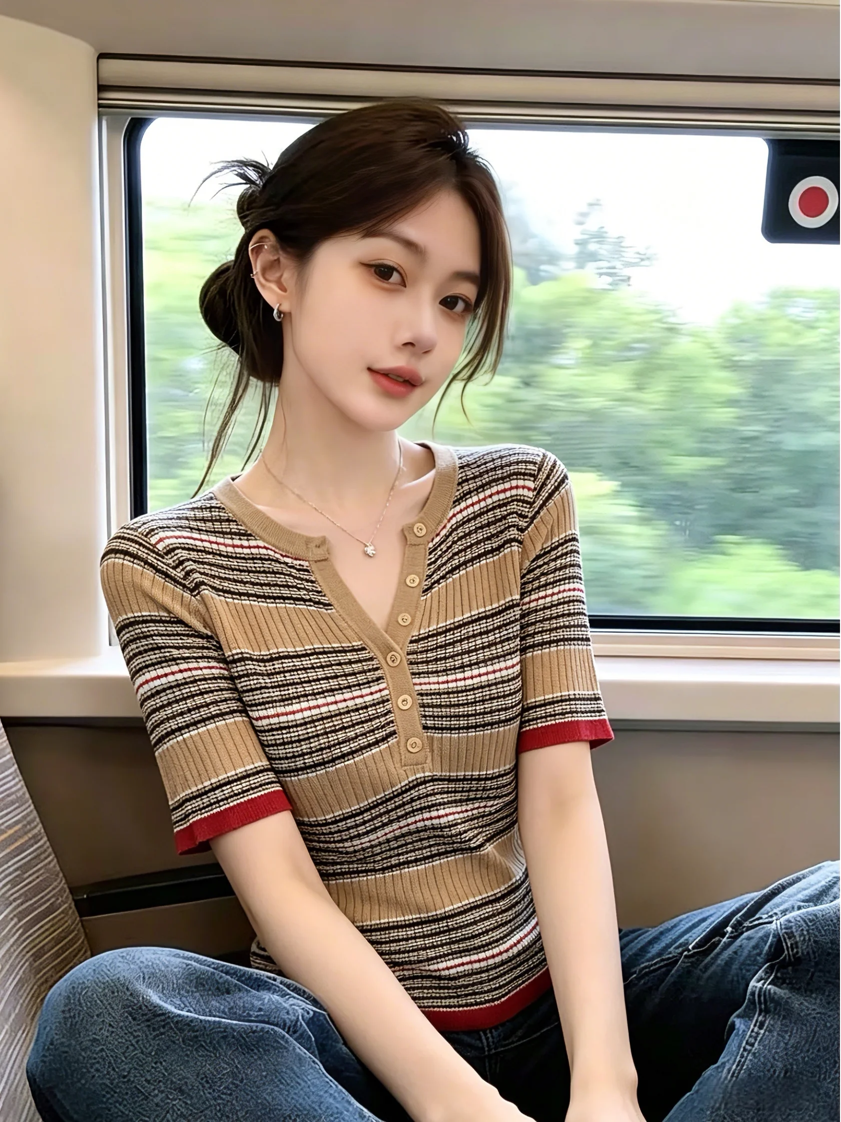 

Korean Style Slim Fit Short Sleeve Striped Knitted T-Shirt Women's Summer New Unique Fashionable Top Self-Keeping Model