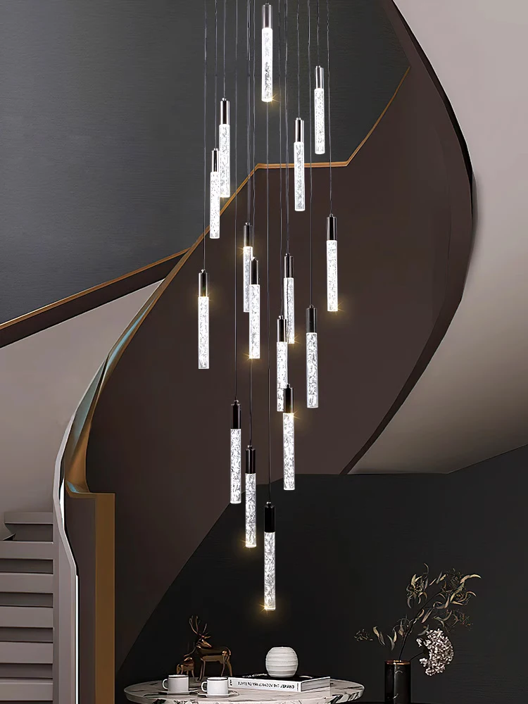 Led Long Crystal Chandelier Modern Villa Stairs Living Room Ceiling Chandelier Luxury Home Decor Pendant Light Dimmable Lighting