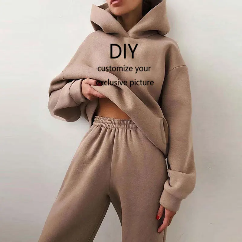 Exclusive DIY Print  Women Autumn Winter Fleeced Tracksuits Casual Sweatpants and Hoodie Set Two Pieces Set Hooded Sweatshirt