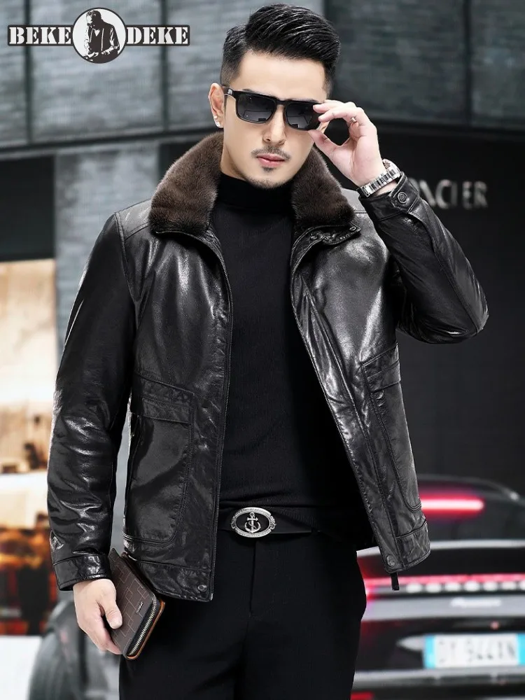 

Streetwear Mens Genuine Leather Motorcycle Short Coat Removable Mink Fur Lining Slim Fit Vintage Oil Wax Cowhide Jacket Male