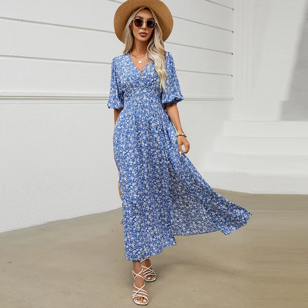 Women 2024 Summer Maxi Dress V Neck Hal Puff Sleeve Front Split Blue Elegant Boho Beach Holiday Party Beach Dresses Vestidos