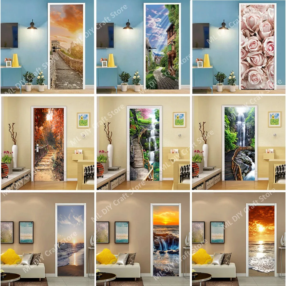 

Rural Landscape Door Stickers Detachable Self-adhesive Paper Natura Wallpaper PVC Art Mural Door Modern Home Decoration