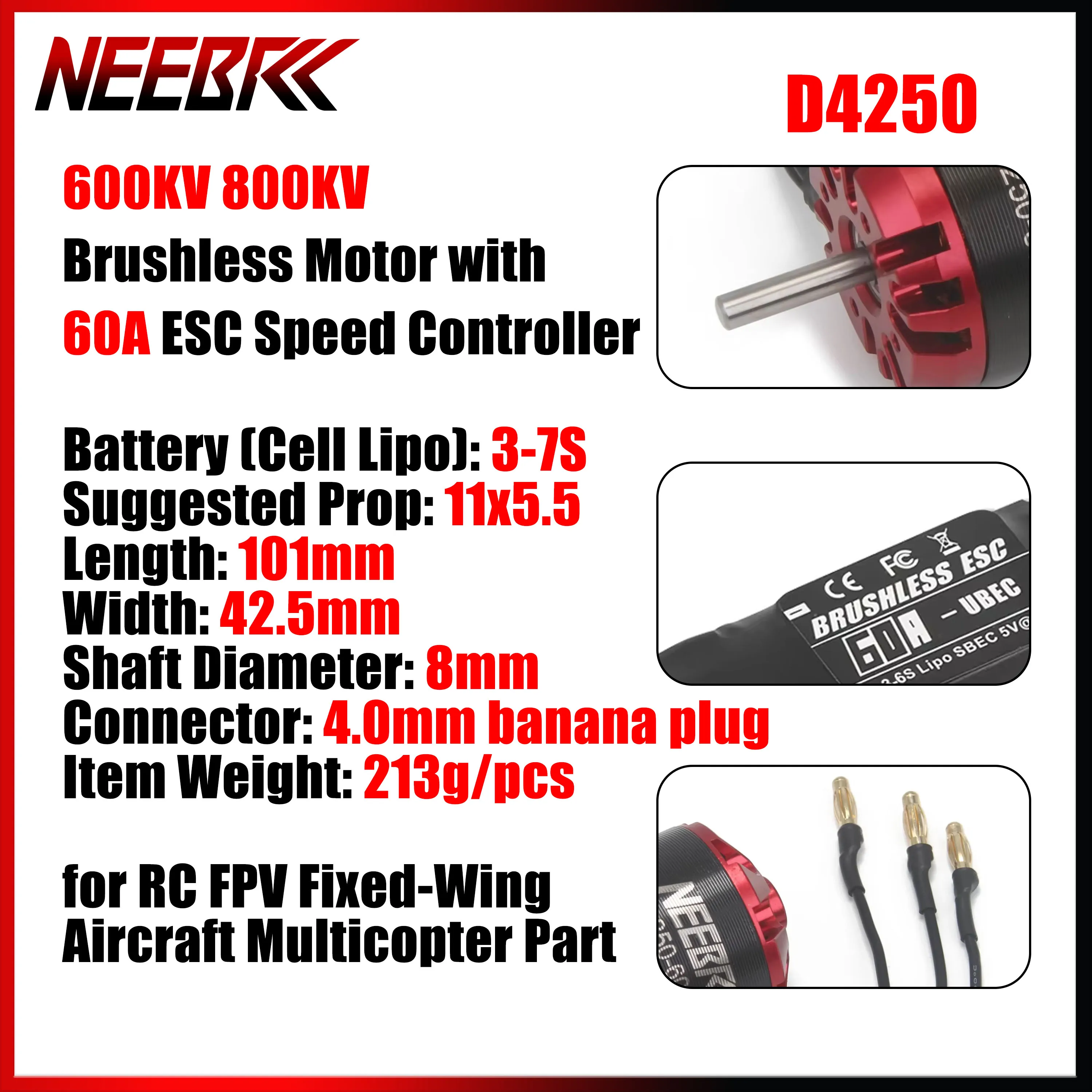 

4250 600KV 800KV Racing Drone Brushless Motor 3-7S w 60A ESC Speed Controller for RC FPV Fixed-Wing Aircraft Multicopter Part