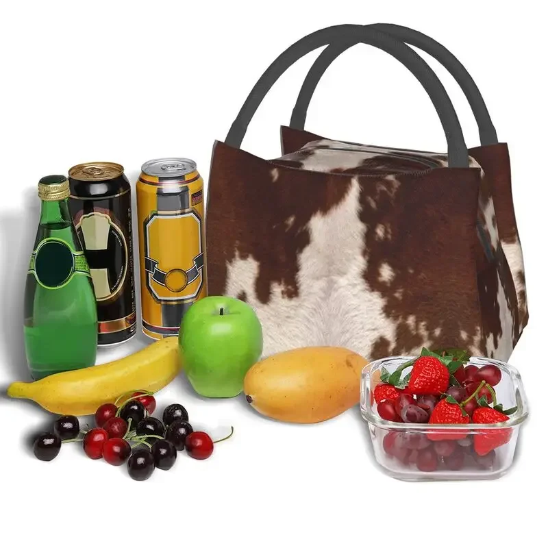 Calf brown cowhide insulated lunch bag picnic leather animal fur texture waterproof cooling bento box for women