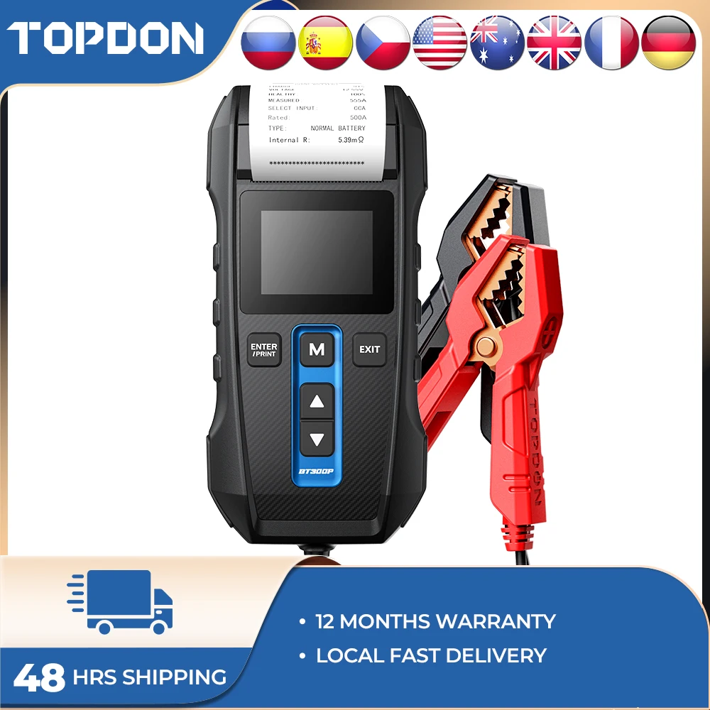 TOPDON BT300P Battery Tester with Printer 12V Car Battery Load Test for Motorcycle Auto Charging Cranking Battery Analyzer