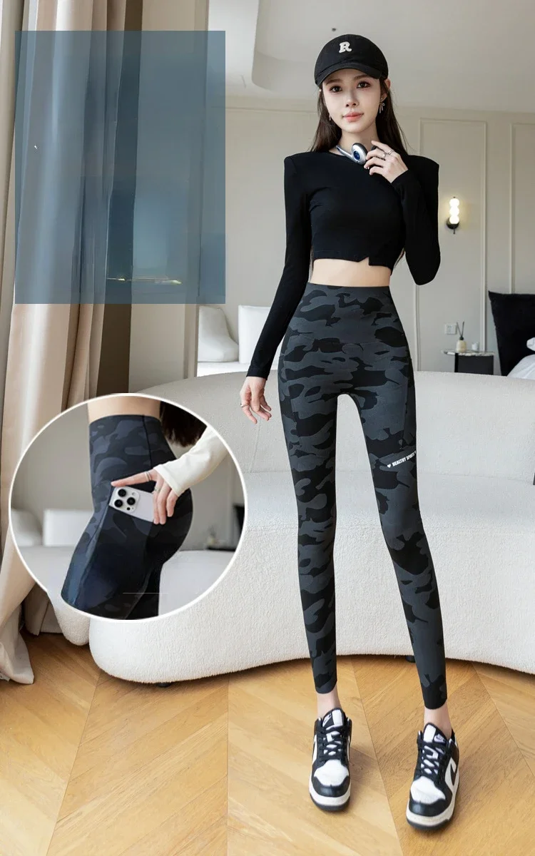 Frauen Camo Shark Hosen Hohe Taille Tasche Leggings Große Größe Dehnbare Casual Hosen Mode Dünne Yoga Fitness Hosen – Detail 3