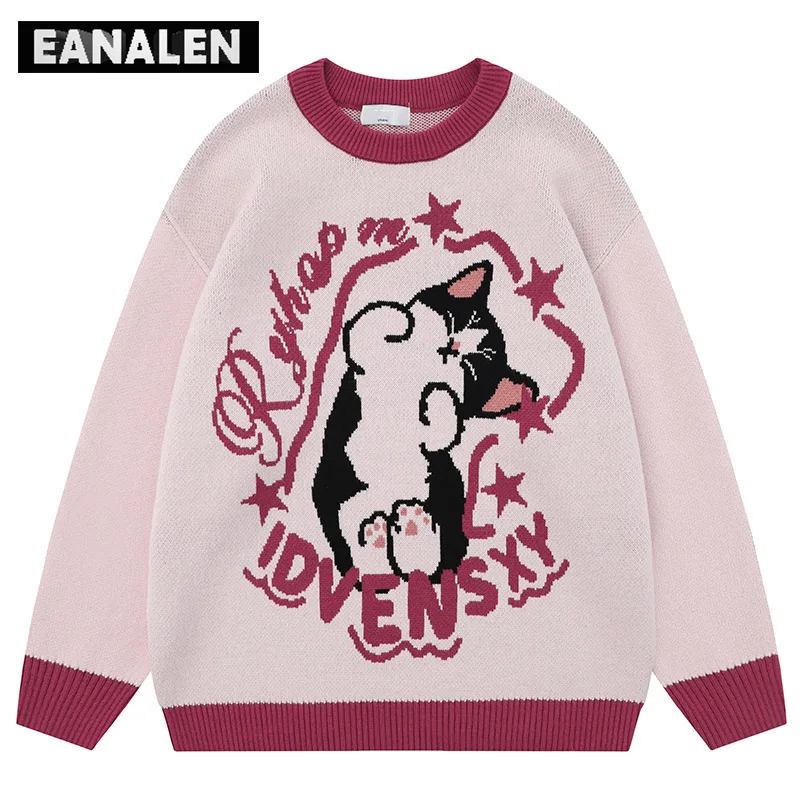 Harajuku Vintage Cute Cat Graphic Sweater Women\'s Winter Y2K Oversized Knitted Pullover Pink Stars Anime Ugly Sweater Grandpa