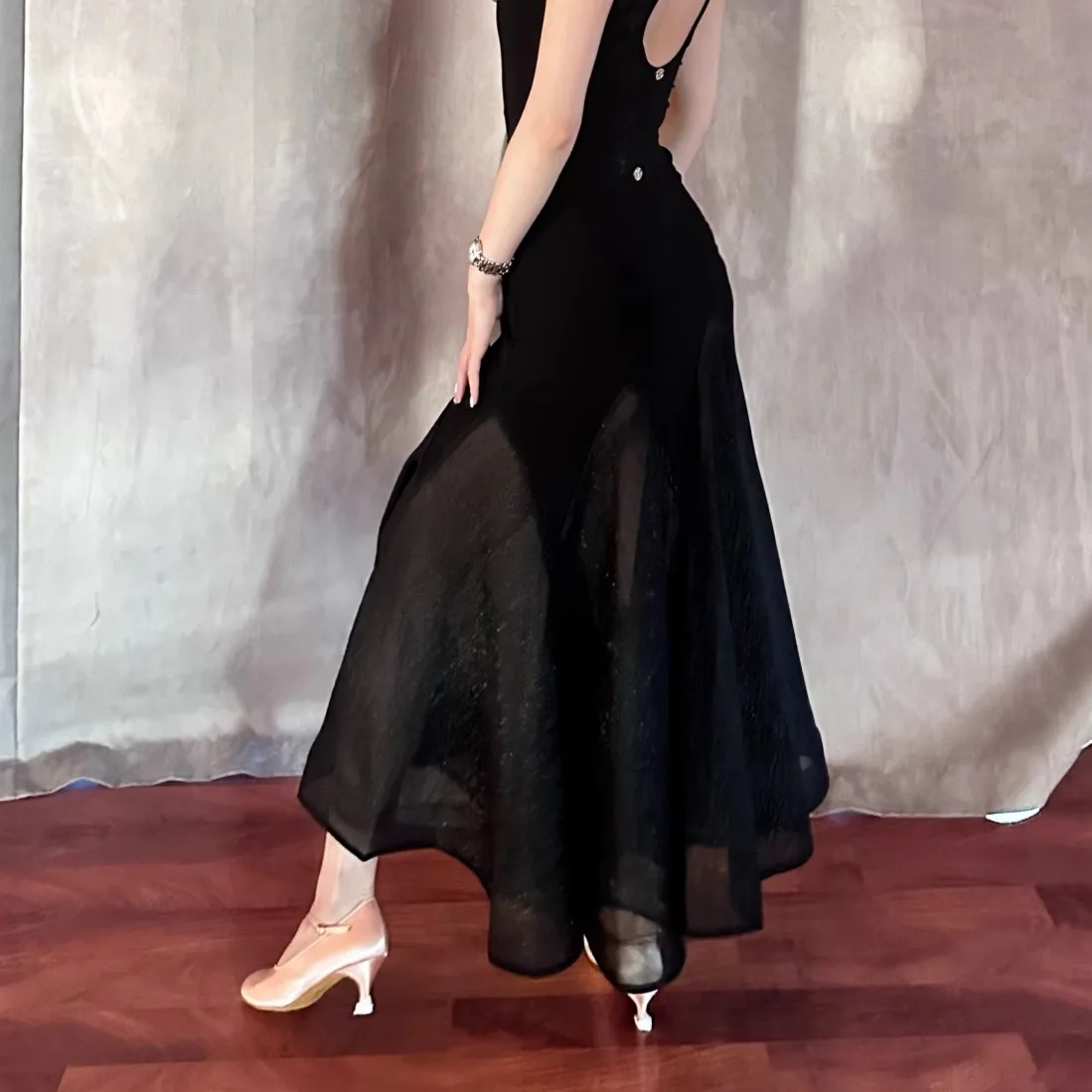 Waltz Dansvoorstelling Kostuums Moderne Kleding Zwart Grote Schommel Mesh Visgraat Rok Ballroom Dans Jurk Oefenkleding DN22294