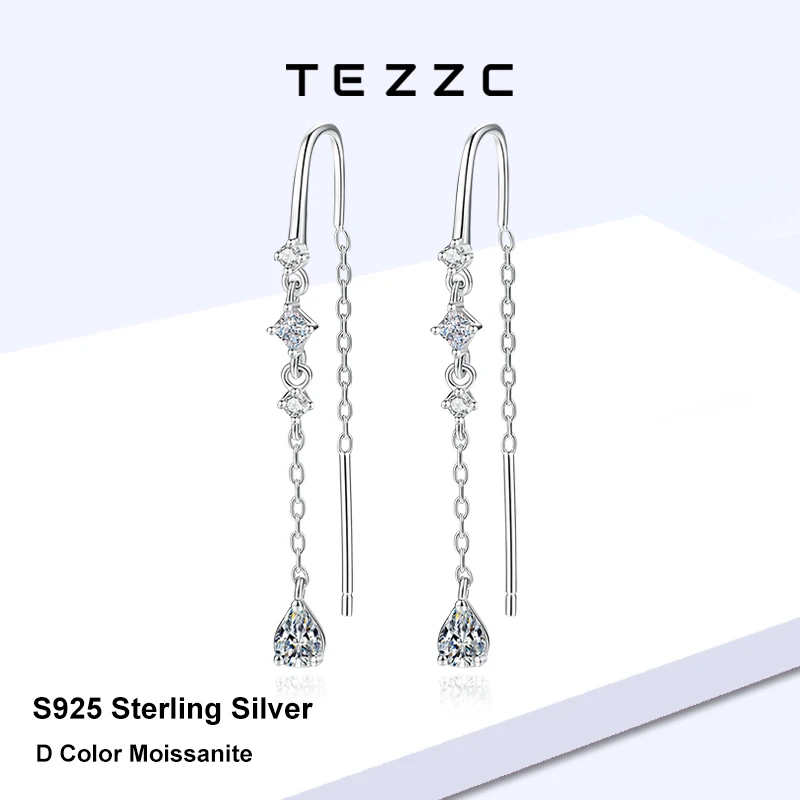 Tezzc Full Moissanite Long Threader Earrings 925 Silver Pear Shape Tassel Drop Earrings Women Jewelry Anniversary Wedding Gift