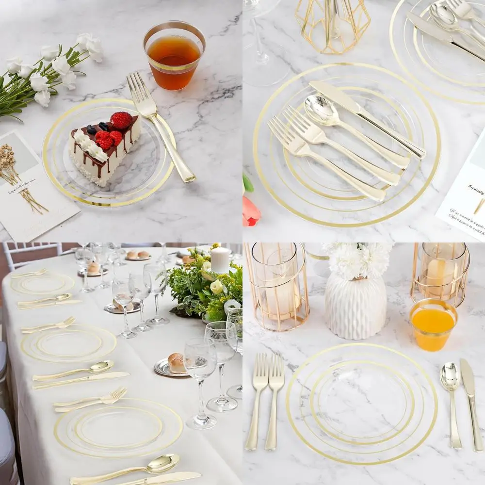 

Set of 600 Clear Gold Plastic Plates, Cutlery for 100 Guests - Ideal for Weddings, Parties & Christmas