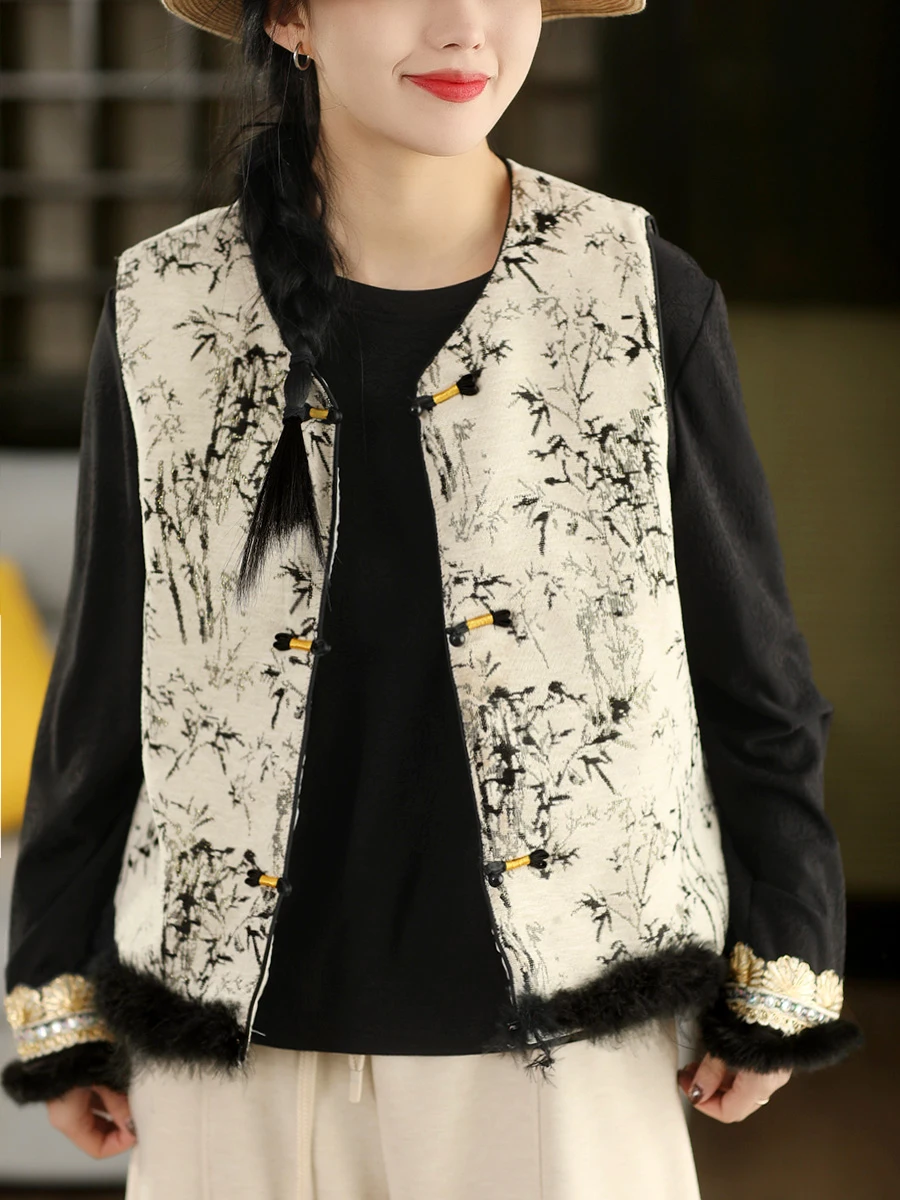 

Ретро-жилет с тяжелой вышивкой, пуговицами, китайским пэчворком и искусственным мехом, хлопковый, на раннюю весну, с воротником-стойкой