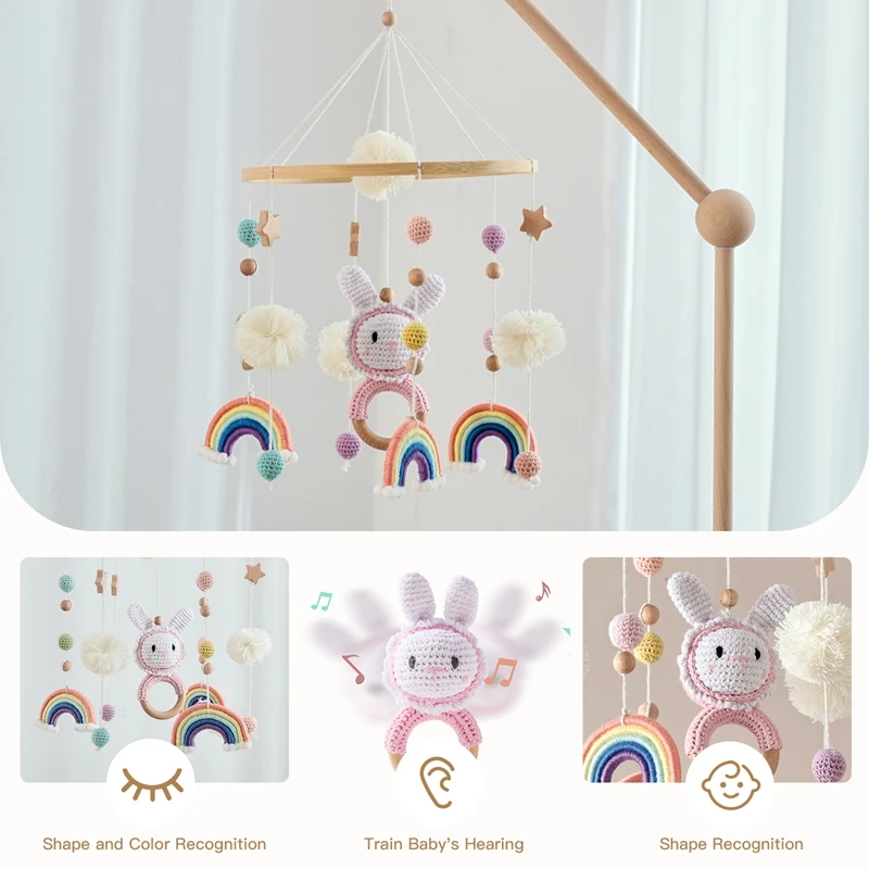 Il campanello da letto arcobaleno per animali Montessori presenta un anello arcobaleno sfumato sognante con campanelli che suonano di piccoli animali appesi