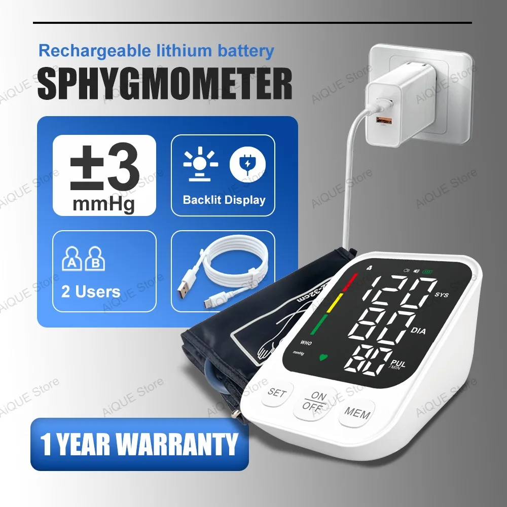 AiQUE Lade-BP-Monitor mit LED-Hintergrundbeleuchtung, Oberarm, Blutdruckmessgerät, 2-Benutzer, medizinisches Tonometer, Manschette, digitaler unregelmäßiger Puls