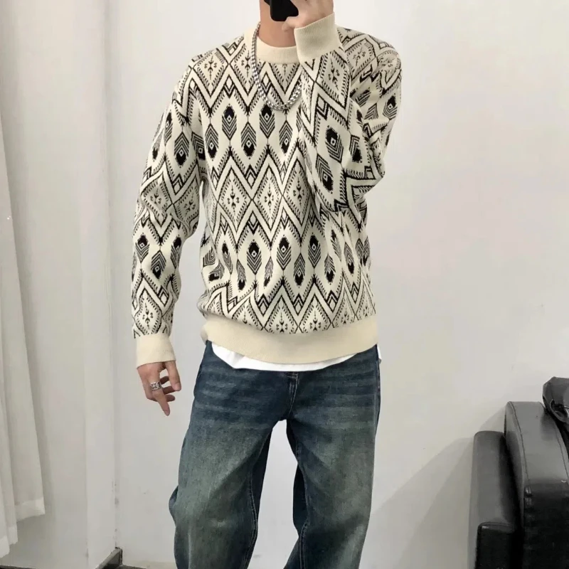 Vintage Fashion Autumn/Winter Sweaters Pullovers Men's O-Neck Contrast Color Plaid Trendy Brand Casual Long Sleeve Knitted Tops