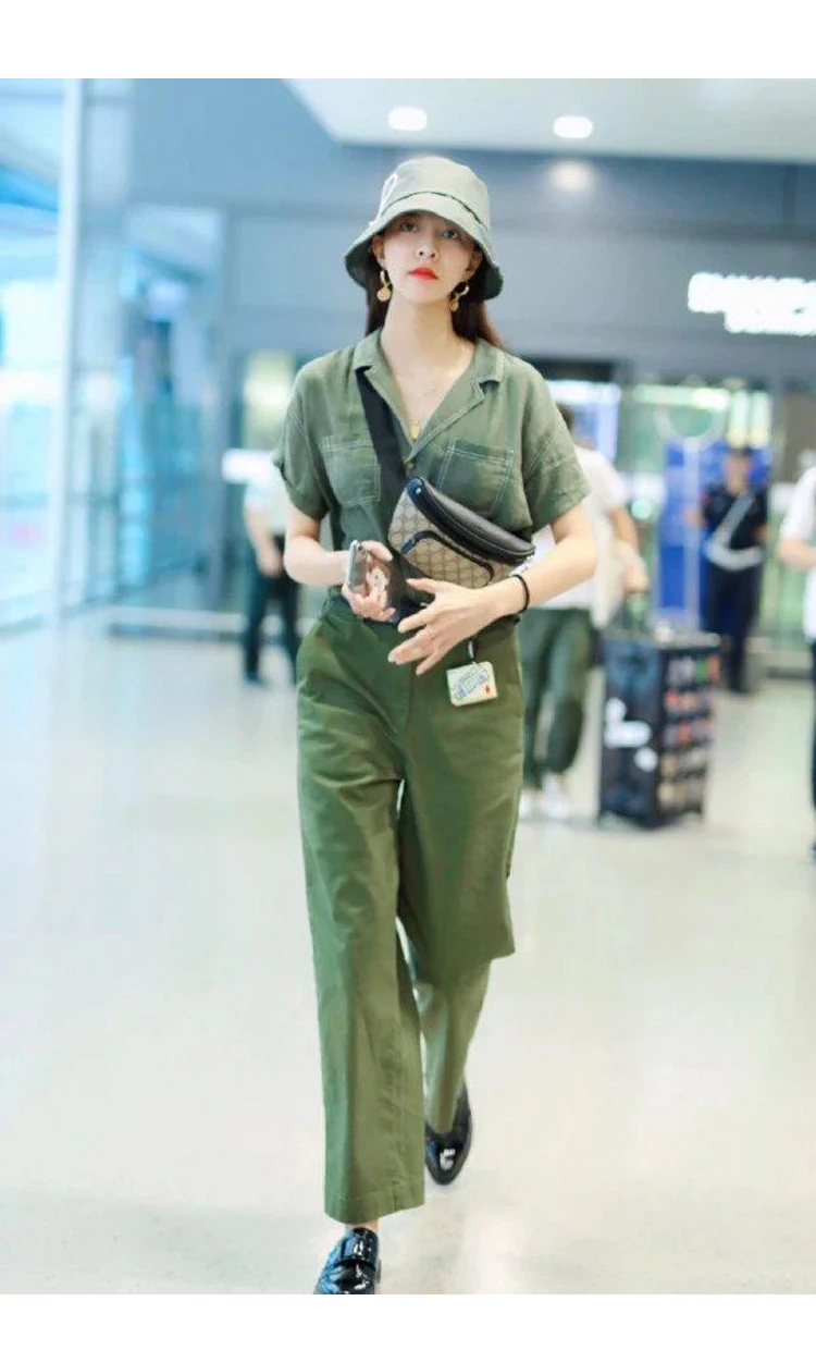 

Homemadearmy green tooling jumpsuit Street shooting star long-sleeved shorts jumpsuit casual large size loose and thin jumpsuit