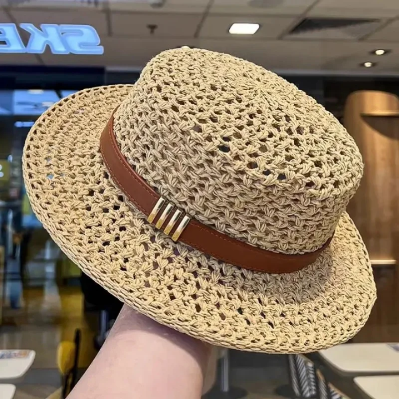 New Flat Top Sun Hat 2026 Delicate Weaving Straw Hat Summer Straw Hat Pearl New Elastic Ribbon Hat Sombreros Chapeau Femme