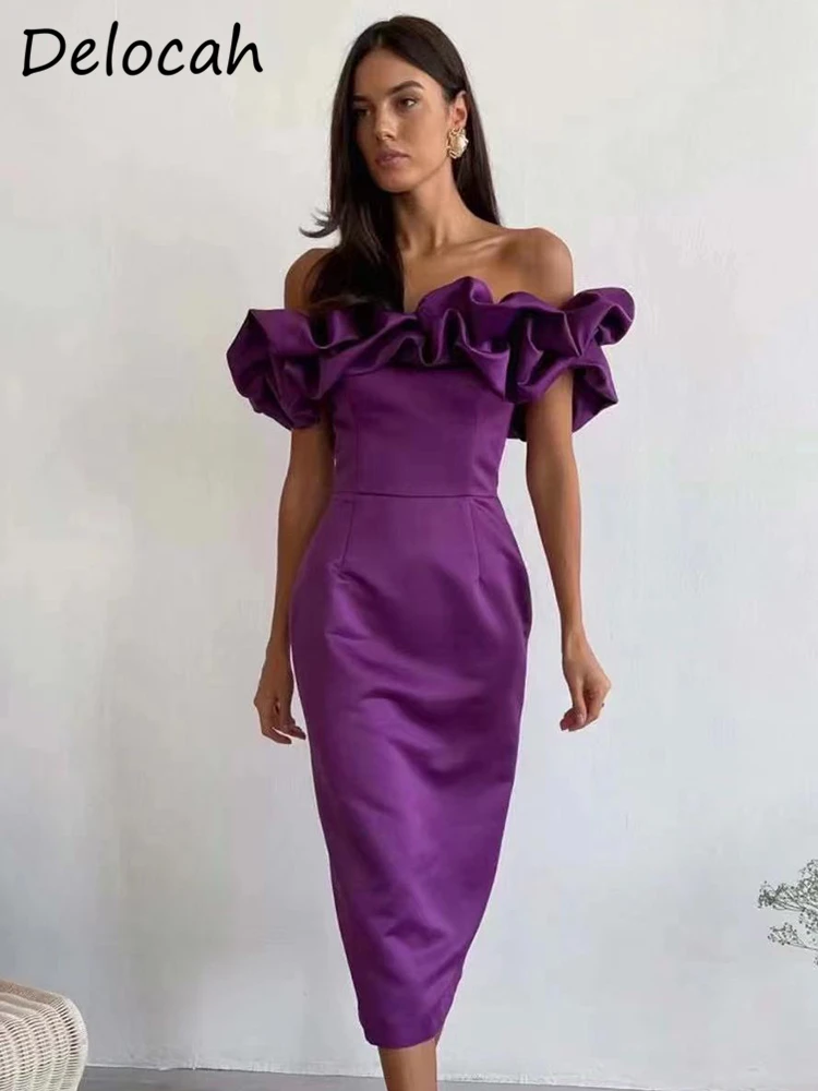 

Delocah High Quality Summer Women Fashion Designer Midi Dress Sexy Slash neck Frilled High Waist Solid Color Prinr Split Dresses