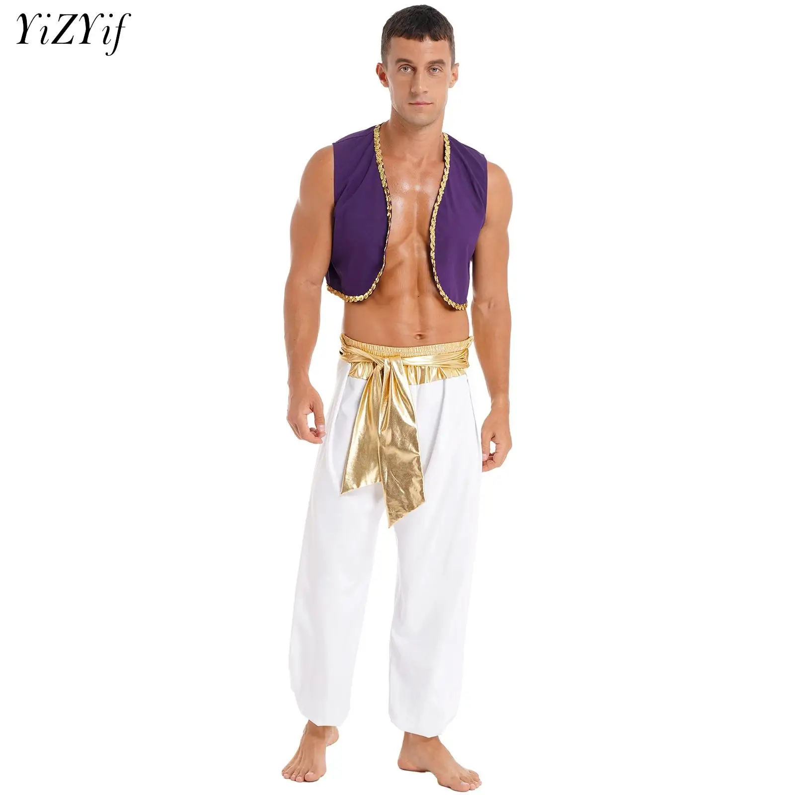 Mens Halloween Arabian Prince Costume Mythical Aladin Party Cosplay Fancy Dress Outfit Sequin Waistcoat with Belted Pants Sets