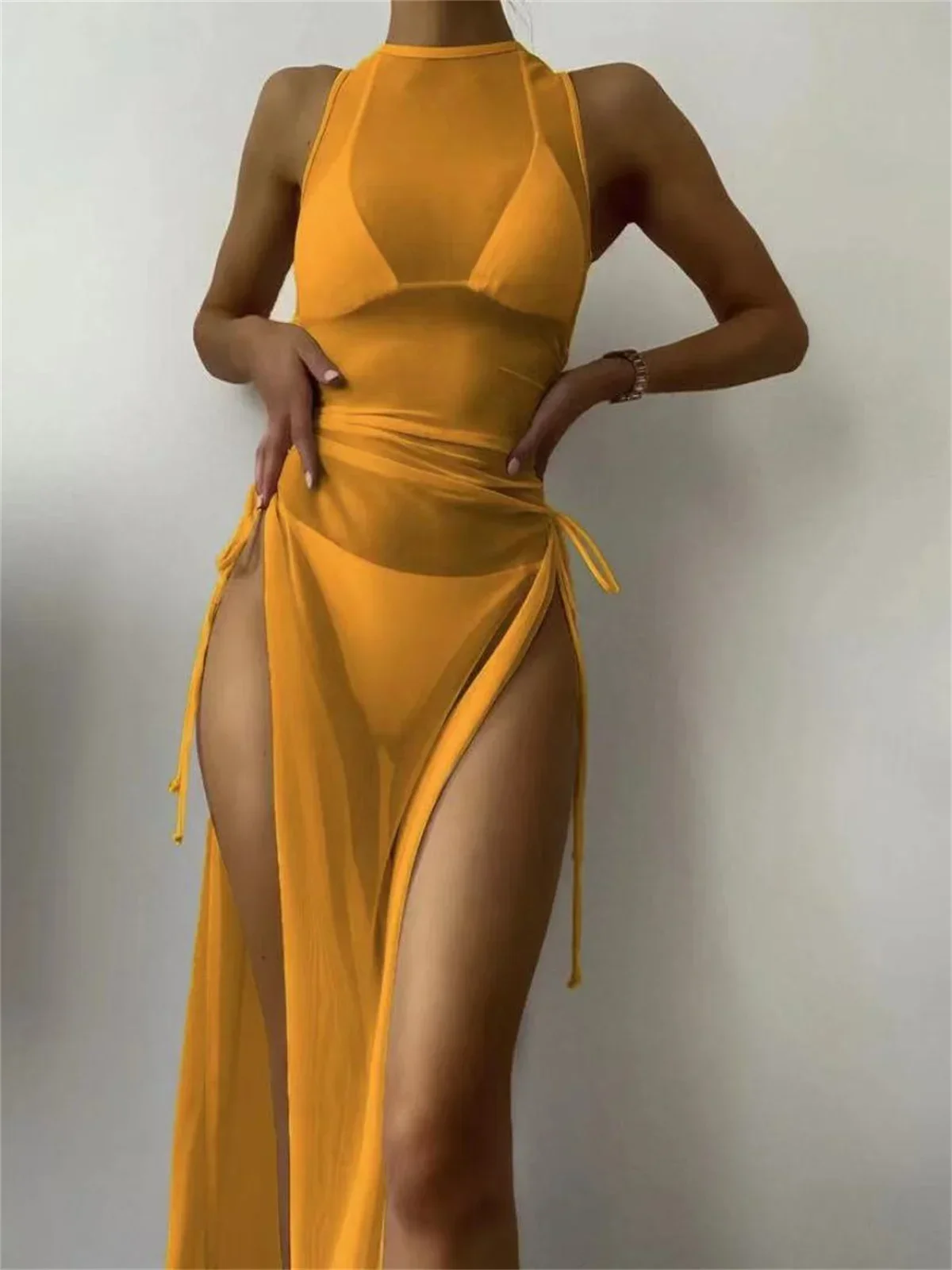 เซ็กซี่ตาข่ายบิกินี่ COVER UP สีเขียวสีขาว 3 ชิ้นชุดว่ายน้ําชายหาดดูผ่านชุดว่ายน้ําชายหาดชุดว่ายน้ําทอง 2024