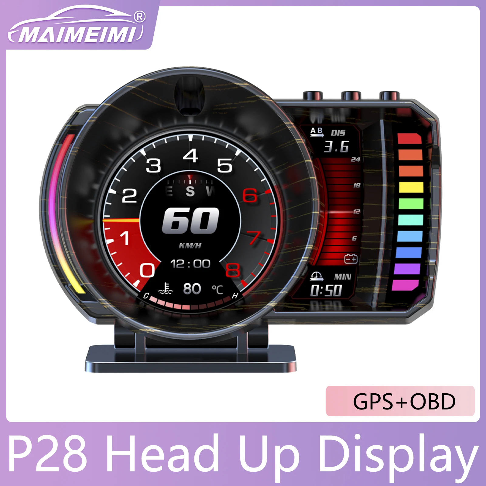 P28 GPS+OBD HUD Head Up Display on Board Computer Water Temp Speed Car Accessories Clock RPM Voltage Oil Pressure Display Meter