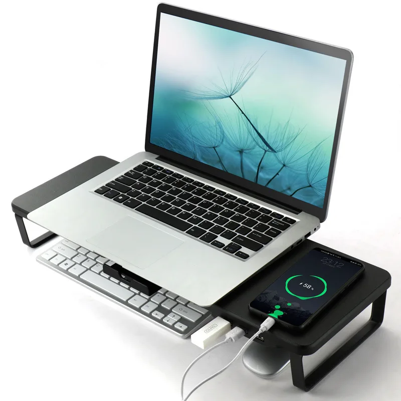 Rak Peninggi Monitor Tempat Laptop Tempat Desktop Dasar Kayu USB Pengisi Daya Ponsel Multifungsi