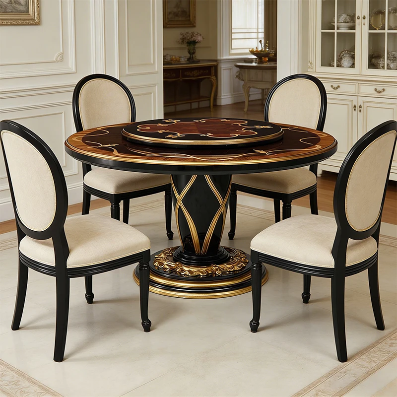 !@Customized Dining Furniture Ebony Veneer Solid Wood Round Dining Table Luxury Black Round Dinner Table With Turntable