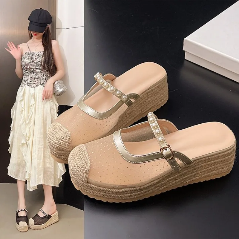 

2025 Women Summer Hollow Sandals Women Pumps Shallow New Beach Shoes Comfort Retro Female Shoes Wedge Heels Plus Size 41 42