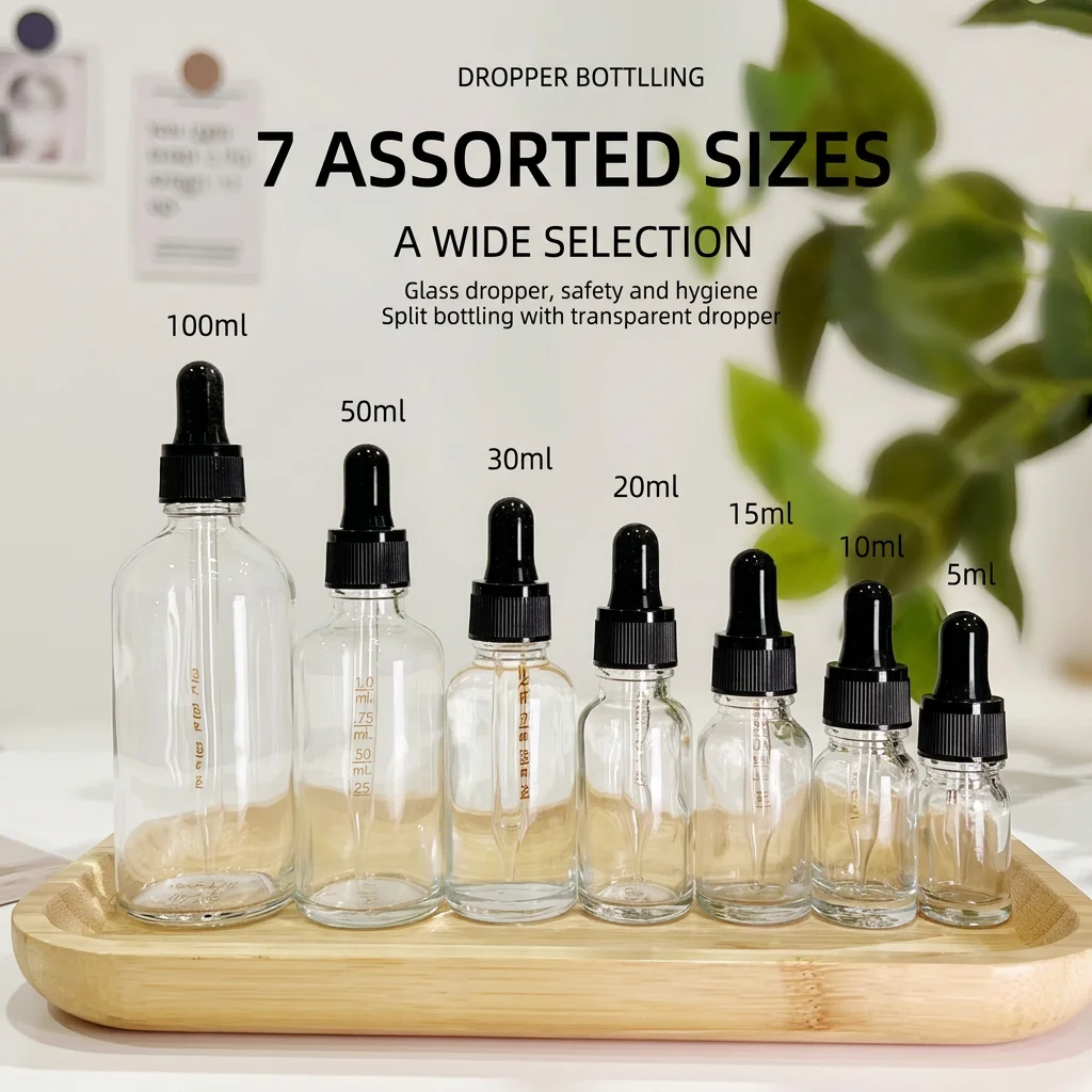 Garrafa de perfume vazia graduada transparente à prova de vazamento garrafa conta-gotas de vidro recarregável para soros faciais pequena dose líquida