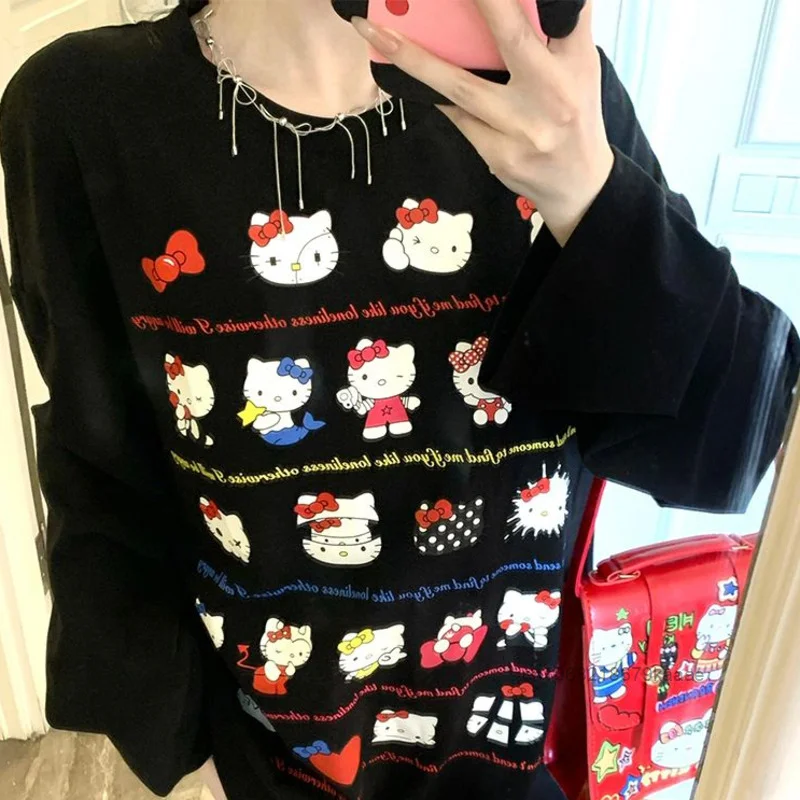 Sanrio Hello Kitty Y2k Sweet Spicy Girl Style Tees Trendy Cute Round Neck Long Sleeved T-shirt Korean Version Loose Slimming Top