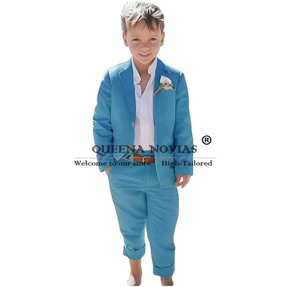 Trajes marrones de lino suave para niños, traje de 2 piezas para fiesta de boda, chaqueta de un solo pecho, pantalones, esmoquin de cumpleaños, Vestido de playa de verano