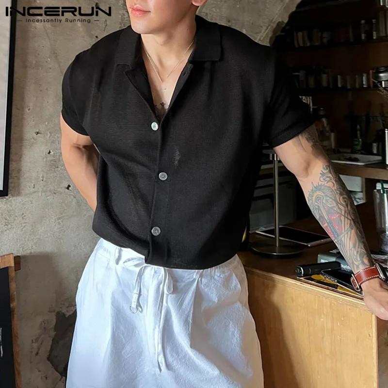 Men Shirt Solid Color Knitted Lapel Short Sleeve Korean Style Summer Men Clothing Streetwear 2023 Casual Shirts S-5XL INCERUN