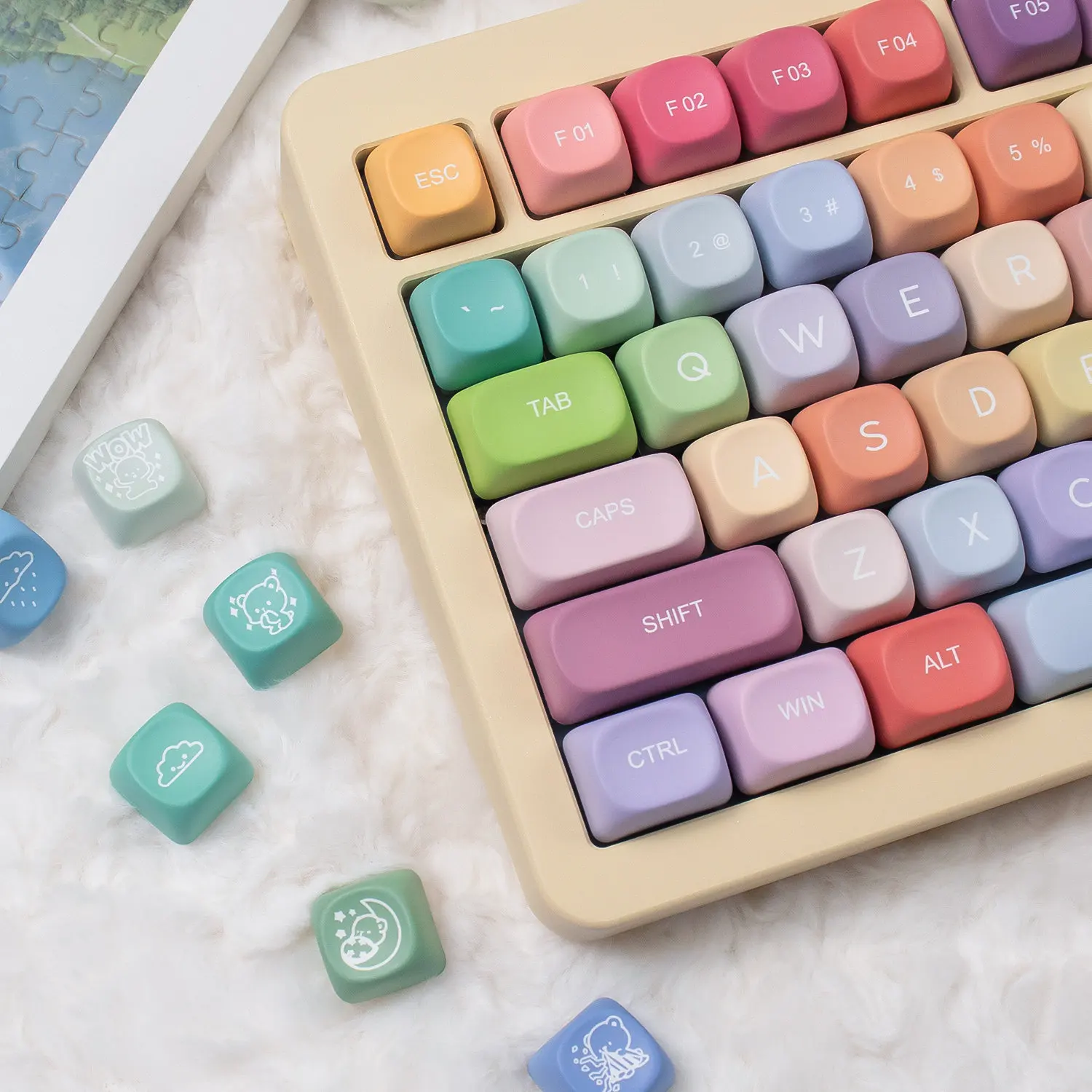 129 Keys MOA Gummy Bears Keycaps Dye Sublimation PBT Keycaps Cute Rainbow Keycaps For MX Mechanical Keyboard