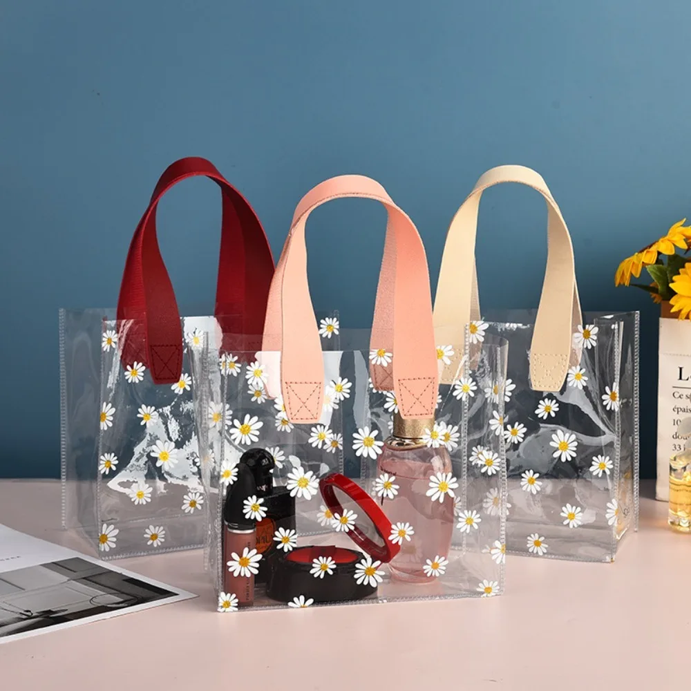 Practical PVC Clear Tote Bag Handle Transparent Waterproof Storage Bag Little Daisy Hand Gift Bag
