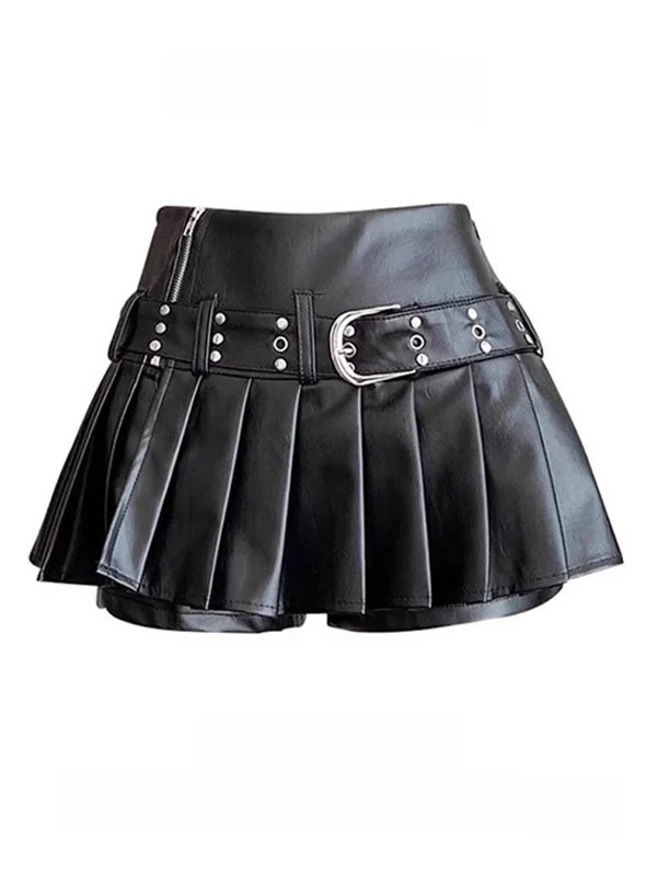 

Black PU Leather High Waist Skirt for Women Anti-Light Checkered Skirt City Commuting Casual Side Split A-Line Silhouette