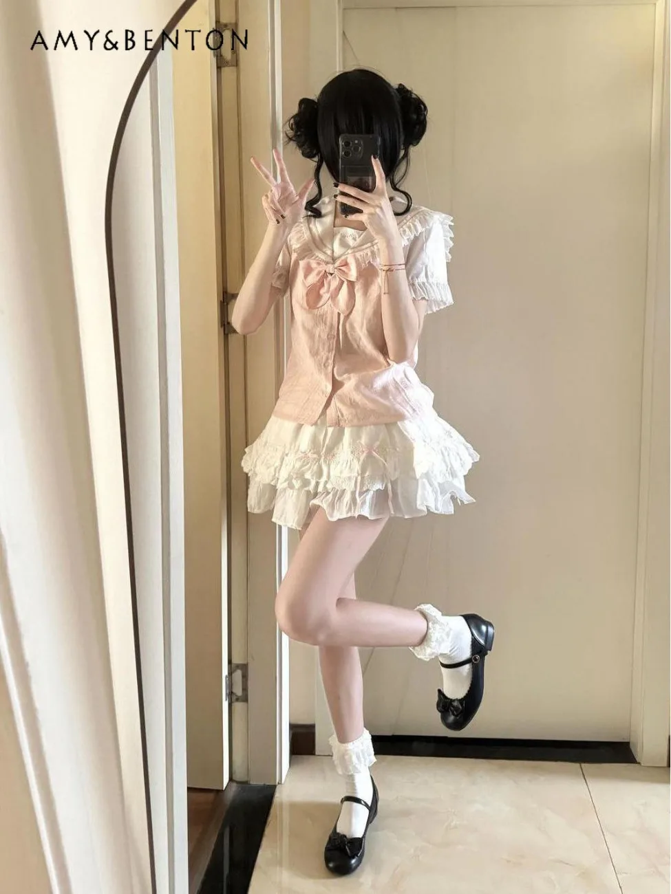 

Japanese Style Sweet Petite Navy Collar Bow Slim Fit Short Sleeve Top with High Waist White Cake Skirt Girly Two-Piece Set