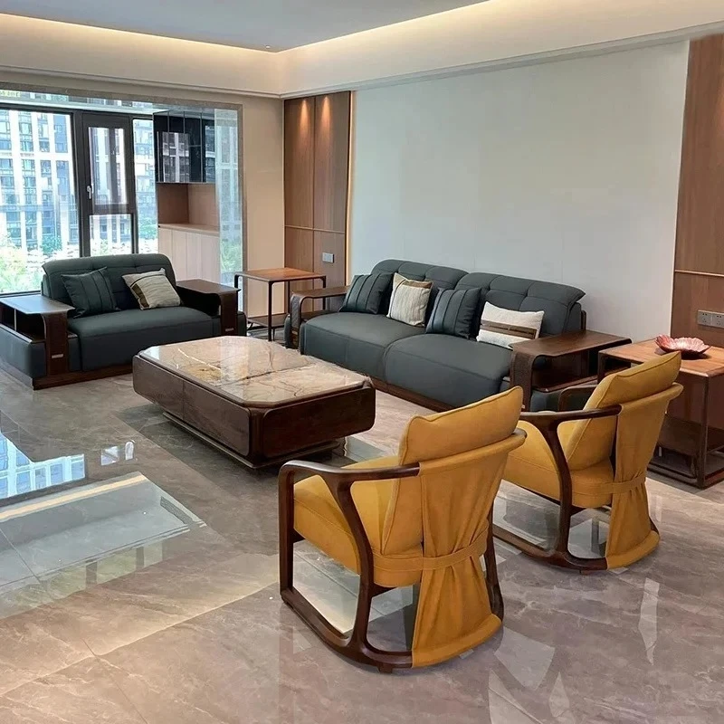 Modern Simple Solid Wood Leather Sofa Combination for Small Apartments