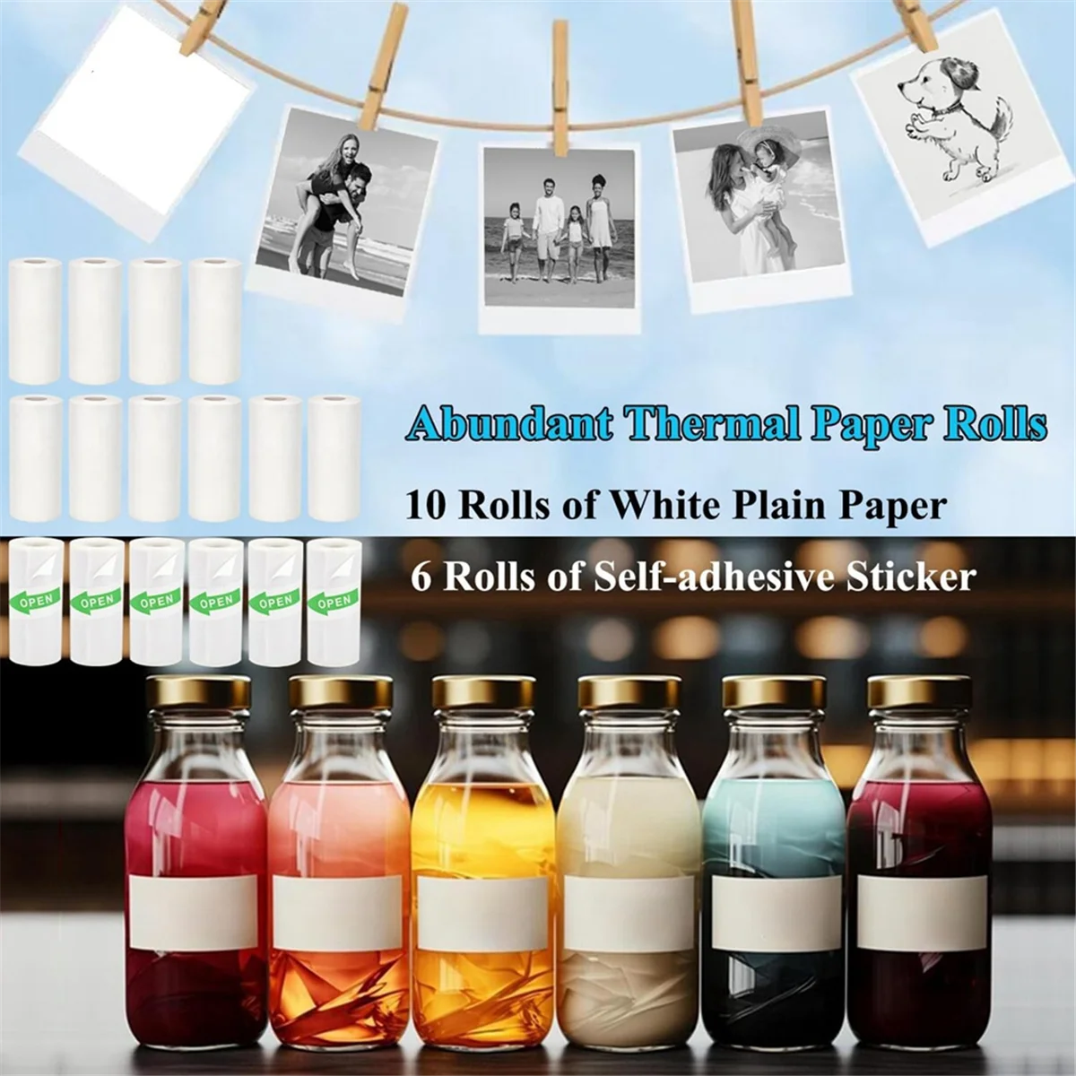 Mini papel de impresora térmica, incluye 6 rollos de papel adhesivo térmico y 10 rollos de papel liso térmico, 57x25mm, 16 rollos