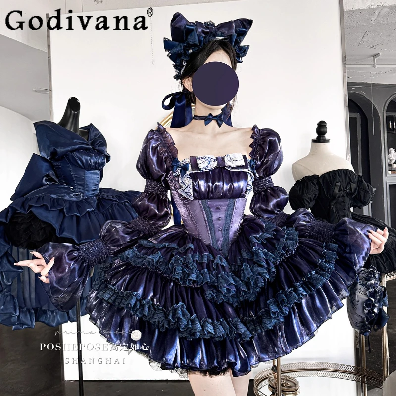 

Original Halloween Cos Gothic Dress Navy Blue Lolita Princess Dress Girls Women's Sweet Off Shoulder Birthday Party Cake Dresses
