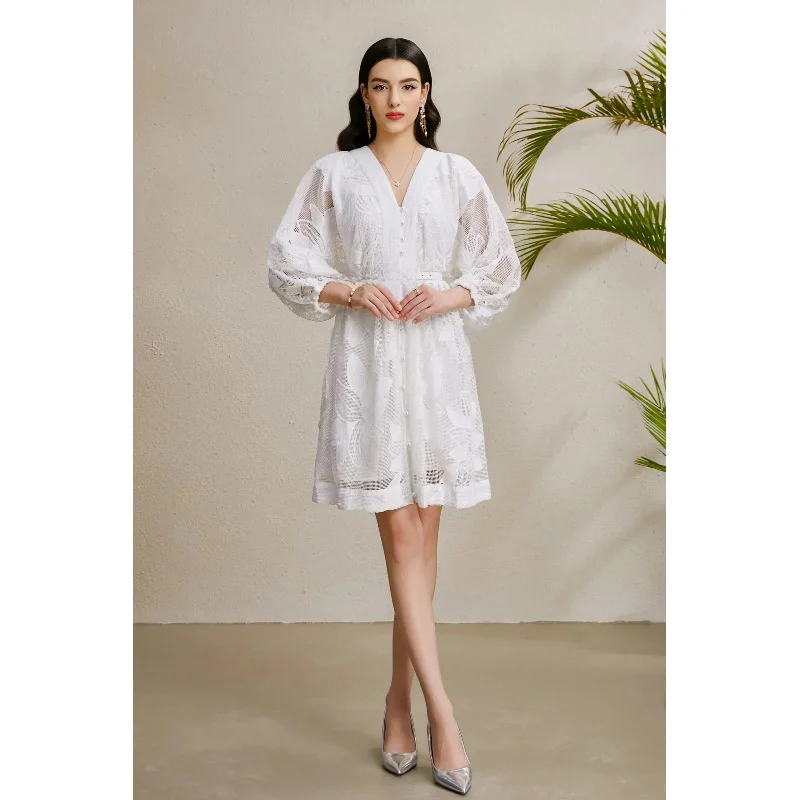 카롤리나2025 초가을 레이스 버블 슬리브 V넥 홀리데이 드 스트리트 슬레 미드하이 웨이스트 램 벨벳 겨울 롱 슬리브...