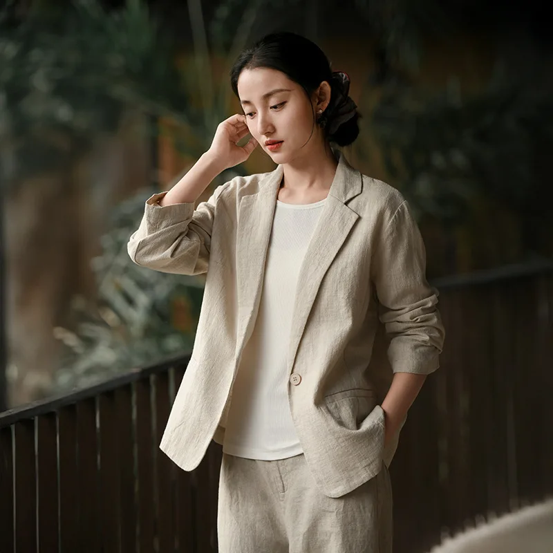 Cotton and Linen Blazer Coat Single Button Pink Solid 2026 Summer New Short Overcoats Slim Notched Collar Suit Jacket Offce Lady