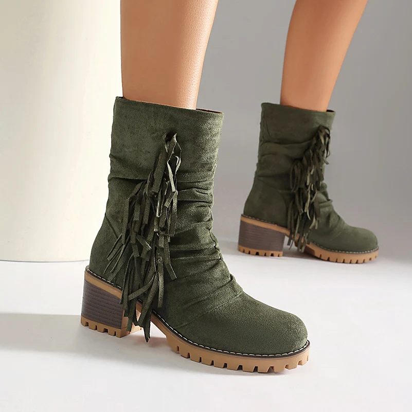Women Slipon 2Way Wearable Fringe Ankle Boots Foldable Cuff Can Be Worn Upright Or Folded Over Block Heel  Suede Short Boots