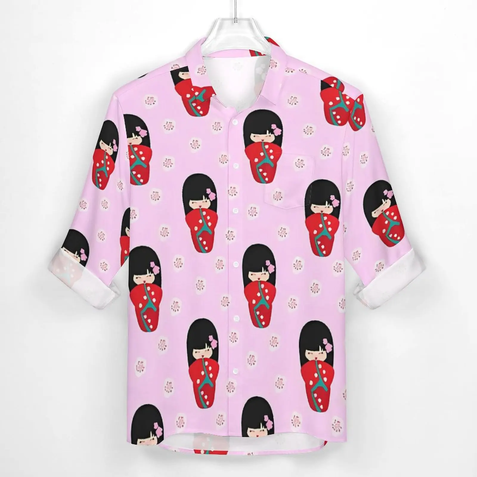 Japanese Dolls Street Casual Shirt Man Red Kokeshi Shirt Spring Vintage Blouses Long Sleeve Printed Oversized Clothing