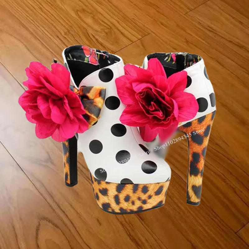

Polka Dot Pattern Flower Mid Calf Boots Pointed Toe Thin High Heel Fashion Winter Big Size 2024 Woman Shoes Zapatillas Mujer