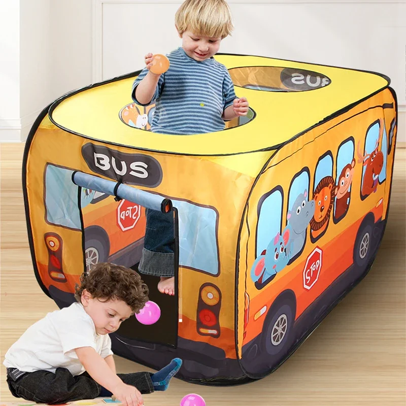 Children's Car Tent House Fire Truck Indoor And Outdoor Game House With Sunroof Toys Folding Ball Pool House Animals Bus Pattern