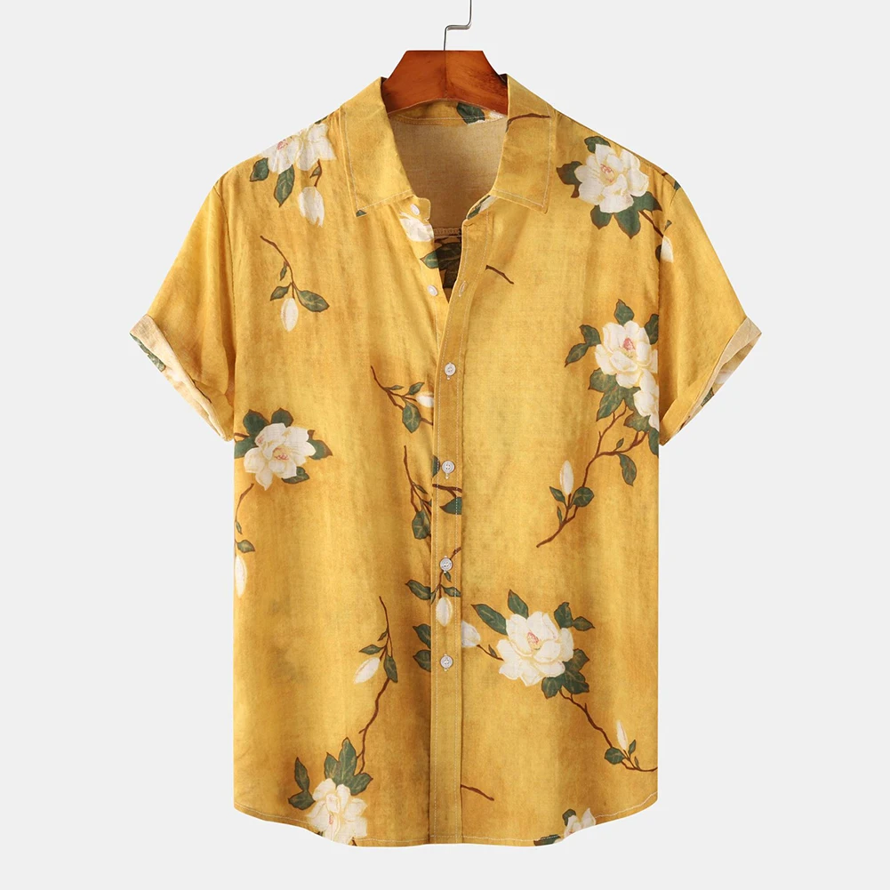 Camisa de praia soltas com estampa floral vintage masculina manga curta, camisa casual com gola flip, top diário extragrande, blusa