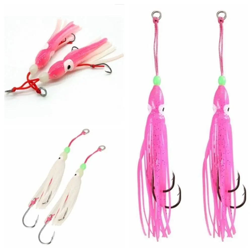 2pcs 6cm/10cm/12cm Squid Skirt Lure Double Barbed Hook Luminous Beads Squid Snapper Jig Hook Flexible Sinking